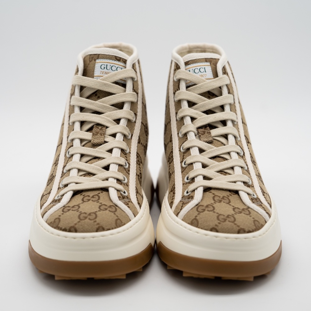 size 41G 11 US Gucci Tennis Platform GG Canvas Beige Brown Sneakers High Top - Picture 2 of 11